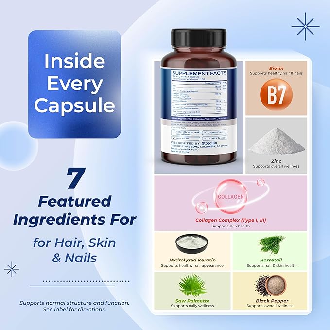 Biotin with Collagen + Keratin Horsetail + Saw Palmetto - Thick Hair, Vibrant Skin, Healthy Nails (180-day Supply (Pack of 1))
