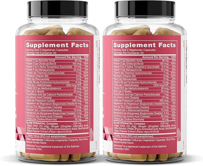 Eu Natural Glow Prenatal Vitamins for Women - 20-in-1 Prenatal Multivitamin with Folate & Vegan DHA - Supports Healthy Pregnancy, Fetal Development & Mom’s Comfort - 120 Vegetarian Capsules