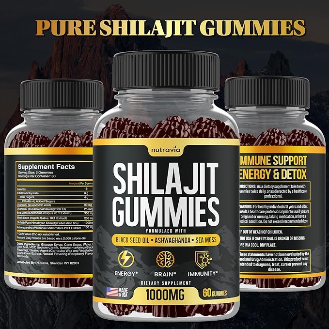 Shilajit Gummies - 3 in 1 with Sea Moss, Black Seed Oil, Ashwagandha - Natural Formula Shilajit Supplement 85+ Trace Minerals, Pure Himalayan Shilajit Gold Gomitas De Shilajit, USA Made (60 Gummies)