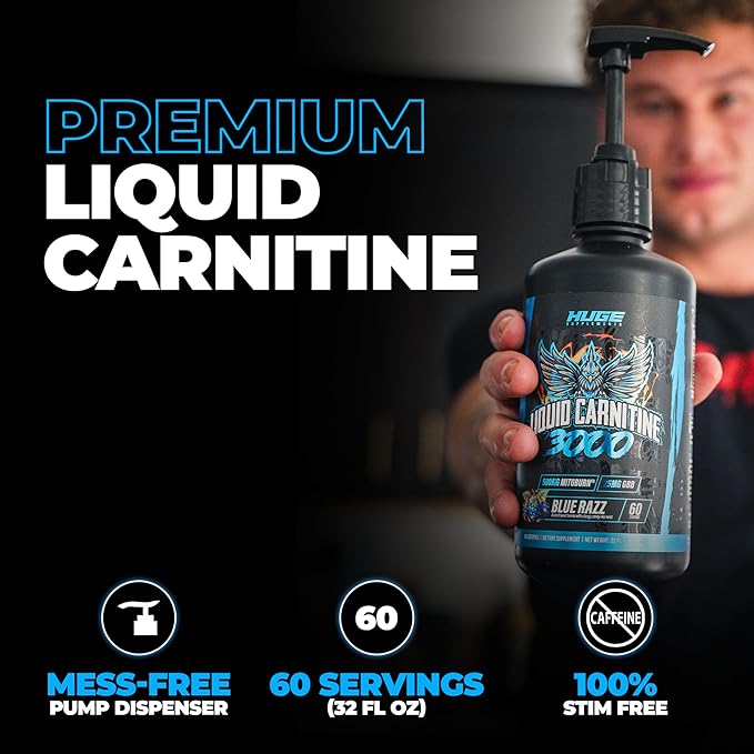 Huge Supplements Liquid L-Carnitine 3000, Superior Potency Infused with 500mg MitoBurn & 25mg GBB, Premium Stim-Free Thermogenic Fat Burner & Energy Boost, Convenient Pump Top, 32 Oz (60 Servings)