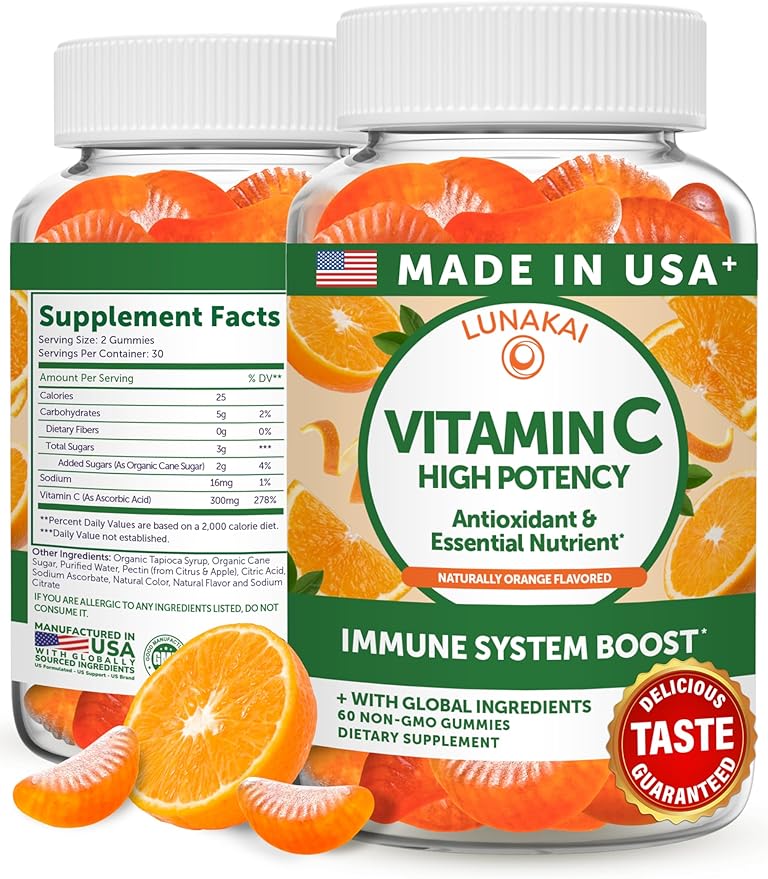 Lunakai USA Made High Potency Vitamin C Gummies for Adults and Kids - 300mg Immune Support - Non-GMO, Vegan, Delicious Orange Flavor, 60ct