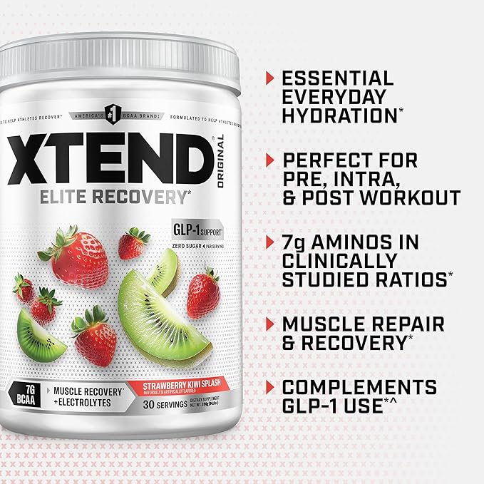 Xtend Original BCAA Powder, 7g BCAAs and 2.5g L-Glutamine for Muscle Recovery Hydration and Lean Muscle, Sugar Free Intra and Post Workout Drink with Electrolytes, Strawberry Kiwi Splash, 30 Servings