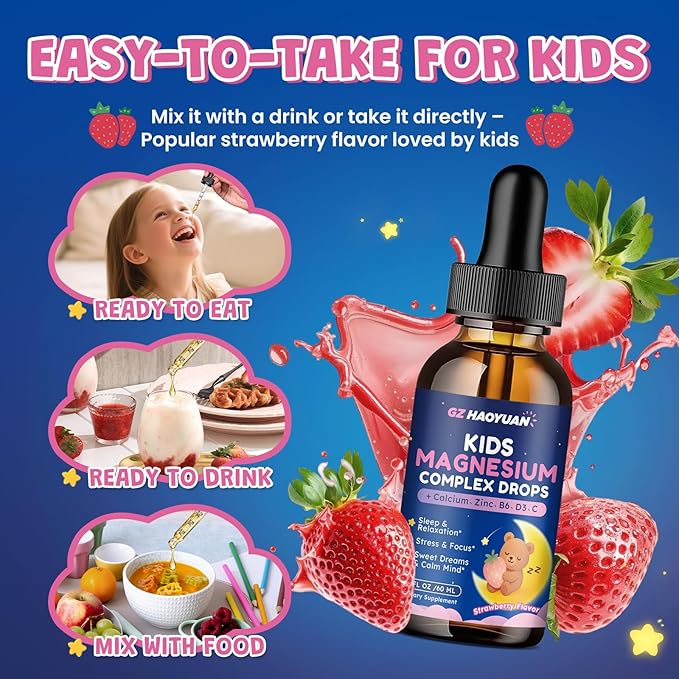 Kids Magnesium Liquid Drops - Magnesium Glycinate Drops for Kids, Citrate Liquid with Calcium, Omega-3, L-theanine, Zinc, Vitamin B6 D3 C for Sleep, Relaxation, Calm & Focus, Strawberry Flavor,2 Fl Oz