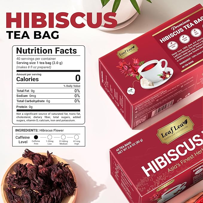 LeafLea Hibiscus Tea Bags – 160 Count, Individually Wrapped, 100% Natural Hibiscus Flower Herbal Tea, Caffeine-Free, Sugar-Free, Gluten-Free, Non-GMO, Te de Hibisco, Jamaica Tea, (Pack of 4)
