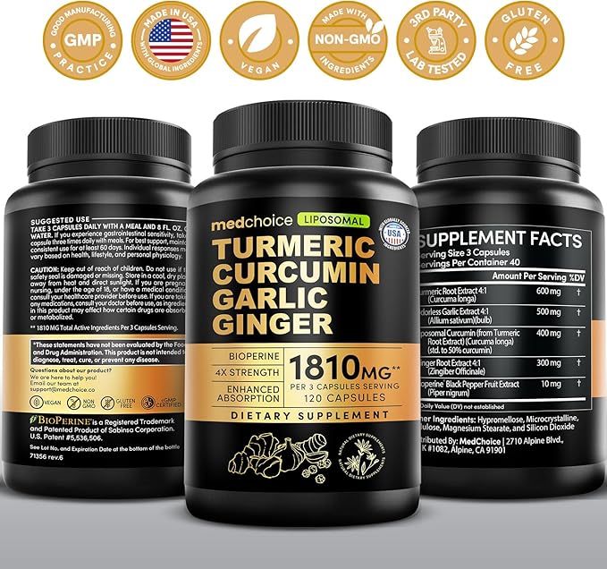 Liposomal Turmeric - High-Absorption Curcumin Supplements, Non-GMO Blend for Digestive Comfort & Daily Support - Organic Turmeric Supplement with Black Pepper (120ct, Pack of 3)