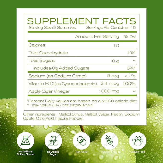 NEWELLME Sugar-Free Apple Cider Vinegar Gummies for Metabolism - 1000mg ACV with The Mother & Vitamin B12 for Energy Support - Vegan, Gluten-Free, 30 Counts