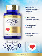 Carlyle CoQ10 100mg Softgels | 240 Count | Mega Q-Sorb Coenzyme Q-10 | with Black Pepper Extract | Non-GMO and Gluten Free Supplement