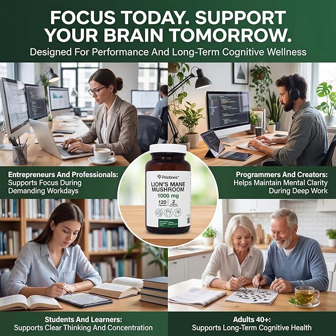 PRISTINE'S Lion's Mane Mushroom Supplement Capsules - Focus & Cognitive Function Adaptogen - 1000mg 60 Day Supply - Immunity, Memory and Focus for Adults - Vegan - Non-GMO Glass Bottle