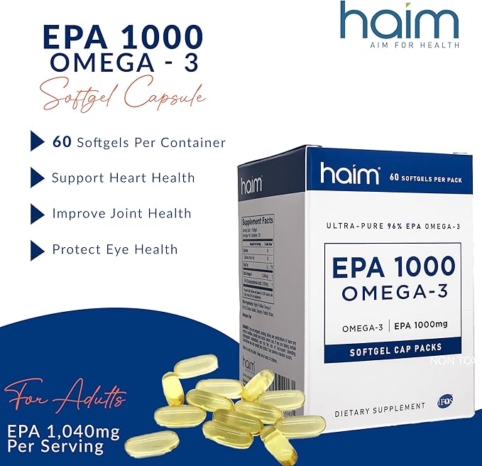 HAIM EPA1000 – High-Potency EPA Fish Oil Supplement – 1,000mg Omega-3 for Heart, Brain & Joint Health – Pure, Burpless Capsules – 60 Softgels – Made in USA