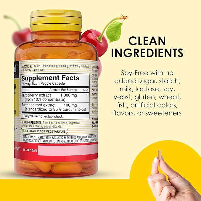 MASON NATURAL 1000mg Tart Cherry Extract with Standardized Turmeric, 60 Day Supply Capsules for Joint Support