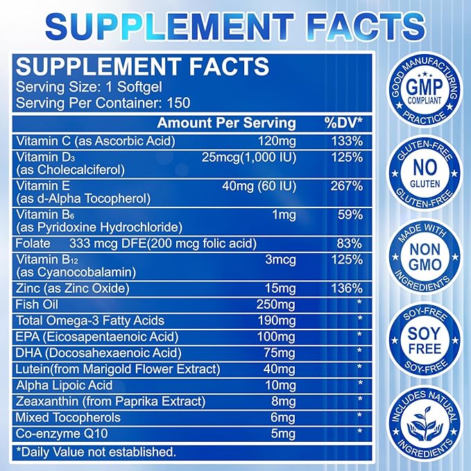 Lutein and Zeaxanthin Supplement - AREDS 2 Plus+  Eye Vitamins, 40 mg Lutein & 8 mg Zeaxanthin with Vitamins C, E, Zinc, Omega-3 & CoQ10 for Blue Light Protection, Eye Health Support  - 150 Softgels