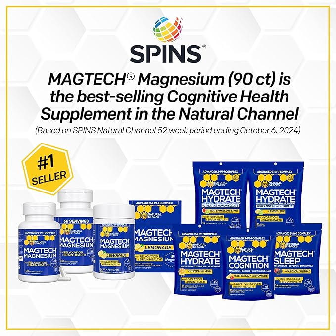 MagTech Magnesium Complex for Women & Men - 3 Forms of Magnesium: Glycinate, Magtein L-Threonate & Taurate - 200mg Chelated Complex - Support for Relaxation & Brain Health - 90 Glycinate Capsules