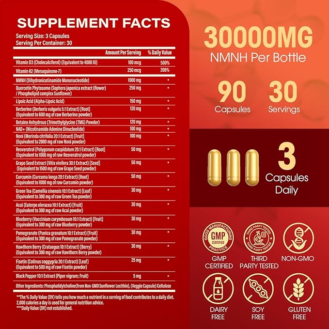 19-in-1 NMNH Supplement 1000mg, NAD Supplement to Boost NAD+ Levels, NMN Supplement Alternative with Resveratrol, Quercetin, Berberine, Grape Seed for Energy, Cellular Health & Healthy Aging, 90 Count