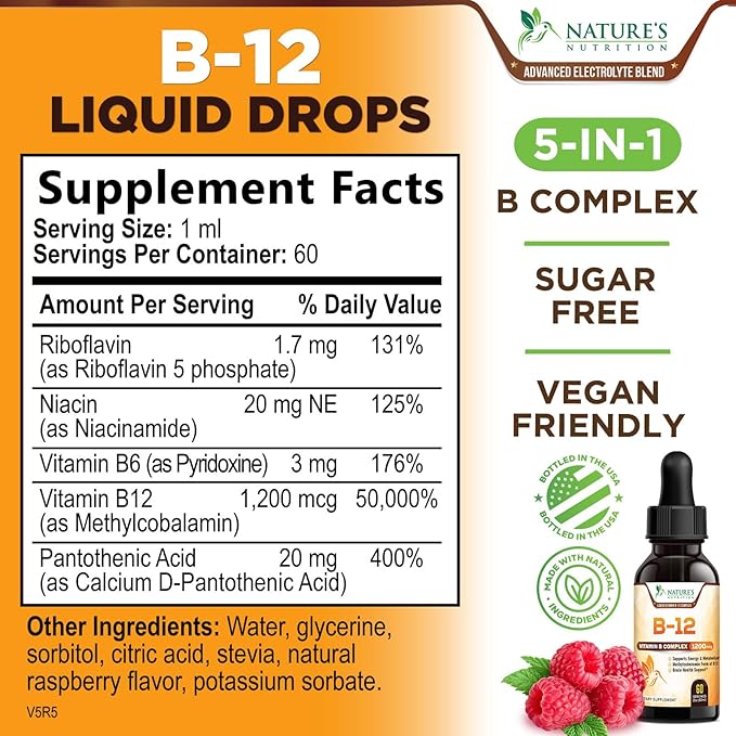 B-12 Vitamin Energy Drops (Methylcobalamin) Extra Strength Super B Complex - Sublingual B12 Liquid for Immune Support, Heart Health & Cellular Energy Support, Raspberry Flavored - 2 Fl Oz