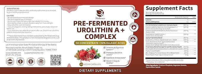 Triple-Strength Urolithin A+ Complex for Cellular Health, Function & Well-Being | Concentrated Pre-Fermented Urolithin A+ Complex Plus Wormwood & DGL for Gut Support–Plant Based, GMP, 120 Count