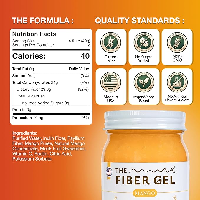 The Fiber Gel High Dietary Fiber Prebiotic Gel Formula — 100% Natural & Clean Label — Plant-Based Psyllium Husk & Inulin Complex — Keto Friendly, Vegan, No Added Sugar — Mango, 16 oz