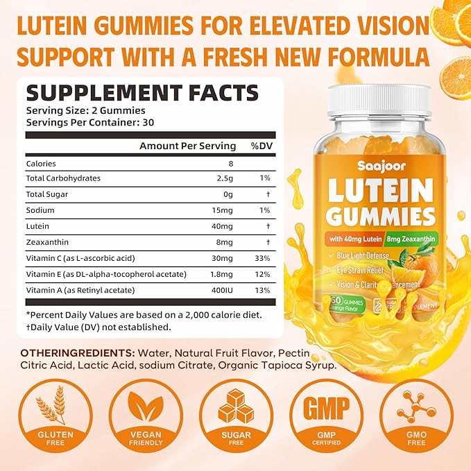 Lutein & Zeaxanthin Gummies - Eye Vitamin Supplement with 40mg Lutein & 8mg Zeaxanthin to Support Macular, Vision & Overall Eye Health, Naturally Orange Flavor, 120 Count
