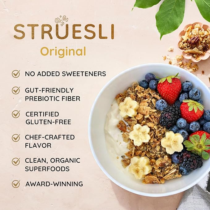 Struesli Original Organic Granola, Grain & Gluten Free, Healthy Snacks with Chia Seeds, Nuts and Sea Salt, Prebiotic High Fiber Food for Yogurt, Cereal & More, Plant Based, Keto & Paleo Friendly, 32 Oz, 2 Pack