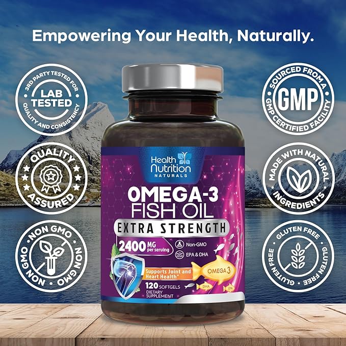 Omega 3 Fish Oil Supplements - 2400mg Fish Oil Per Serving - Triple Strength Omega-3 with EPA & DHA Fatty Acids - Natural Heart, Brain & Immune Support - Wild Caught, Bottled in USA - 120 Softgels