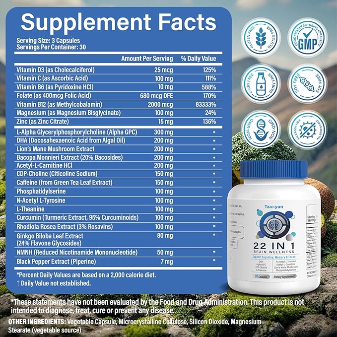 Brain Supplements for Memory and Focus, Clarity & Cognitive Improvement, 300mg Alpha GPC, CDP-Choline, DHA, Lion’s Mane, L-Theanine, Vitamin & Phosphatidylserine for Men & Women, 90 Capsules, 3PACK