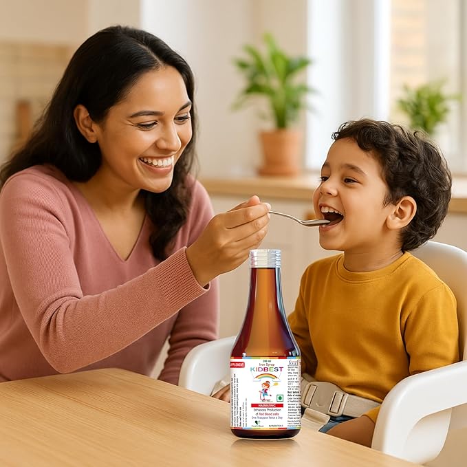 HealthBest Liquid Iron Syrup for Kids – Triple Action with Folic Acid and Zinc – Boosts Hemoglobin, Appetite, and Immunity – No Metallic Taste – 200ml Liquid Supplement, Safe & Effective