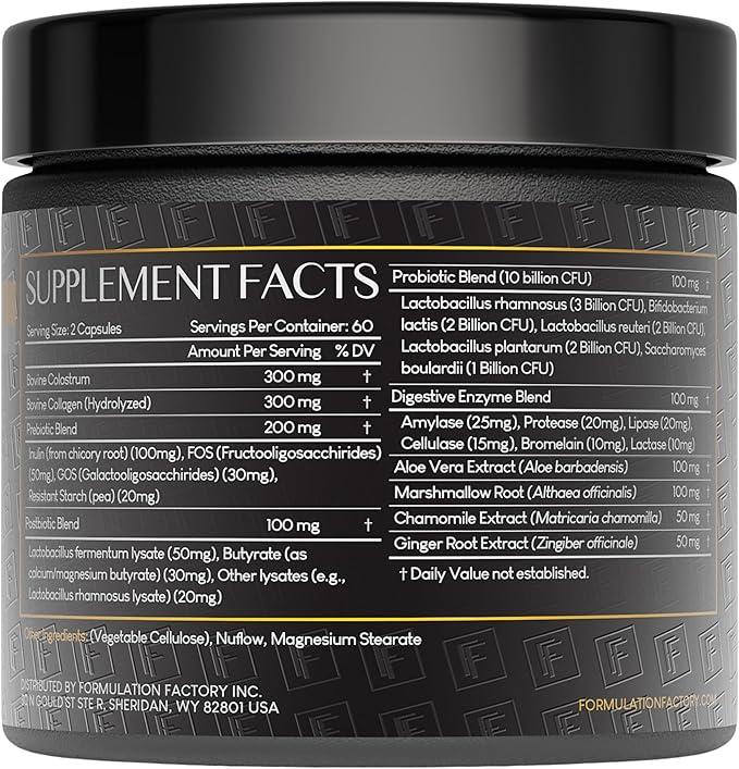 Formulation Factory Gut Intellect 10-in-1 Microbiome Supplement, Prebiotics, Probiotics, Postbiotics, Colostrum, Collagen, Aloe Vera, Chamomile, Ginger, Enzymes, Digestive, 360 Cap (3 Pack)
