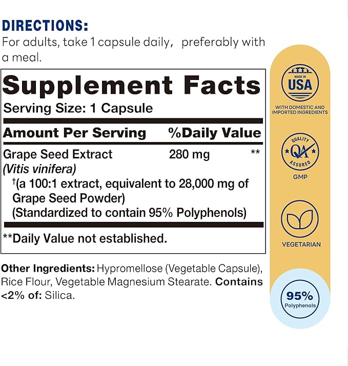 Vitamin World Grape Seed Extract, 95% Polyphenols, Supports Heart Health & Antioxidant Protection, Gluten-Free, Vegetarian, 100 Servings