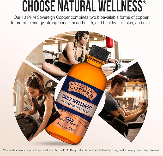 Sovereign Copper Bio-Active Copper Hydrosol, Daily+ 4-in-1 Wellness Supplement for Joint, Bone, Hair, Skin and Nails, Cardiovascular Health, Energy and Metabolic Health Support, 4 fl oz (118 mL)