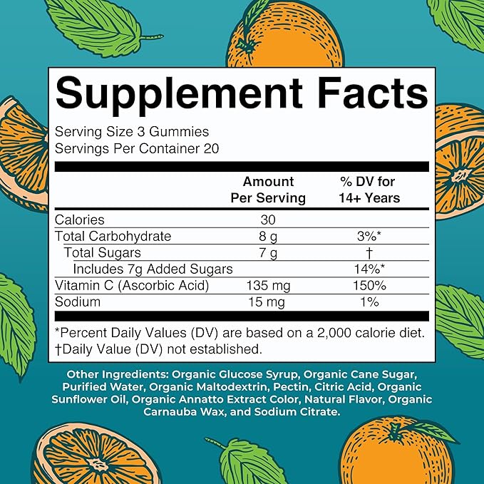 MARYRUTH'S Adult Vitamin C Gummies | USDA Organic | Vegan Chewable Vitamin C Gummies for Ages 14+ | for Immune Support & Overall Wellness | Vegan | Non-GMO | Orange Flavor | 60 Count