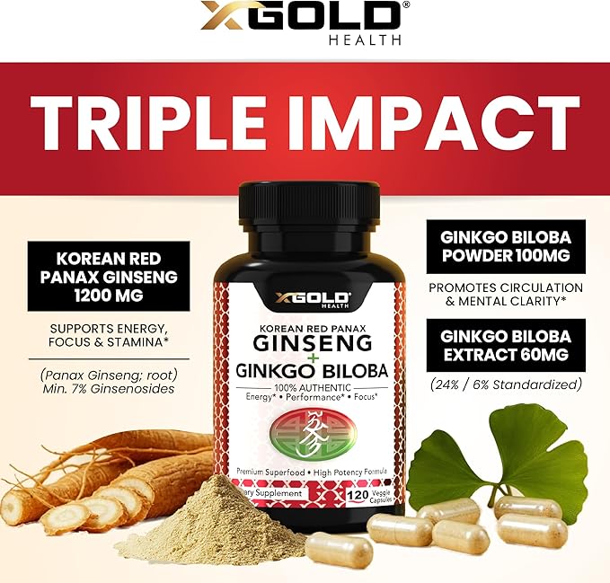 X Gold Health Korean Red Panax Ginseng + Ginkgo Biloba 7% Ginsenosides Extra Strength Energy, Memory, Focus & Brain Support Premium Supplement for Men & Women Non-GMO, 120 Vegan Capsules
