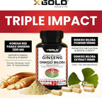 X Gold Health Korean Red Panax Ginseng + Ginkgo Biloba 7% Ginsenosides Extra Strength Energy, Memory, Focus & Brain Support Premium Supplement for Men & Women Non-GMO, 120 Vegan Capsules