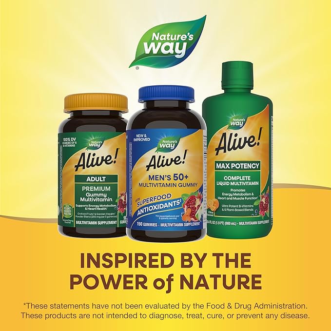 Nature's Way Alive! Men’s 50+ Daily Gummy Multivitamins, Supports Healthy Brain, Eyes, Heart*, B-Vitamins, Gluten-Free, Fruit Flavored, 150 Gummies (Packaging May Vary)