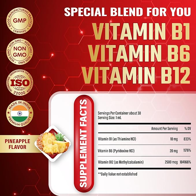3-in-1 Vitamin B Complex Liquid Drops for Women & Men - with B1 Thiamine, B6 Pyridoxine, B12 Methylcobalamin - Alcohol-Free, Non-GMO - 30ml 1 Fl Oz