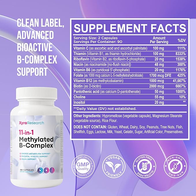 Methylated B-Complex Vitamins - Complete Bioactive Methyl B-Vitamins B12 B6 B9 5-MTHF for Energy Heart Brain & Methylation - Women Men Bio Active Nutrients MTHFR Multivitamins Support