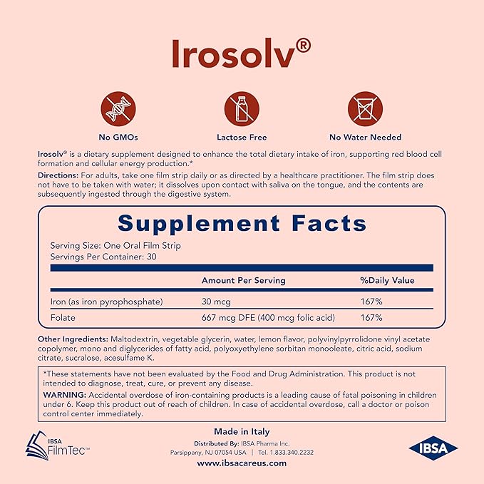 Irosolv – IBSA Iron - Dietary Supplement – 30 mg Iron 400 mcg Folic Acid-30 Oral Dissolving Films for Immediate Release and Tolerability - Gluten-Free, Lactose-Free, Sugar-Free, Non-GMO