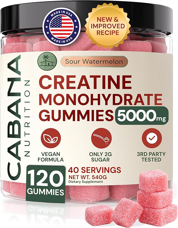 Creatine Monohydrate Gummies 5g - Watermelon Flavored Creatine for Women and Men - Supplement Supports Muscle Gain, Energy, Pre and Post Workout, Focus & Cognition, Recovery (120 count, 40 servings)