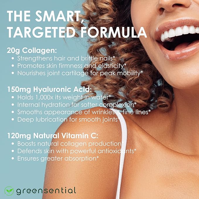 Greensential Collagen Peptides Plus Powder 21oz | + Acerola Vitamin C & Hyaluronic Acid | 100% Hydrolyzed Grass-Fed | Hair, Skin, Nail & Joint Support | Easy to Mix, Unflavored, 28 Servings