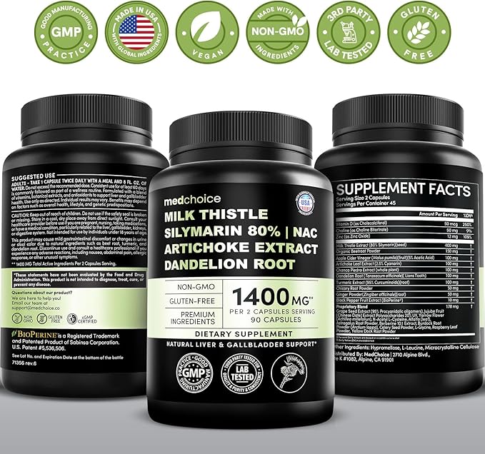 Milk Thistle Supplement w/ NAC, Artichoke & Dandelion – Liver Support Supplement & Gallbladder Supplements in One – Liver Detox – Milk Thistle & Liver Care Supplements – 90 Vegan Capsules, (Pack of 4)