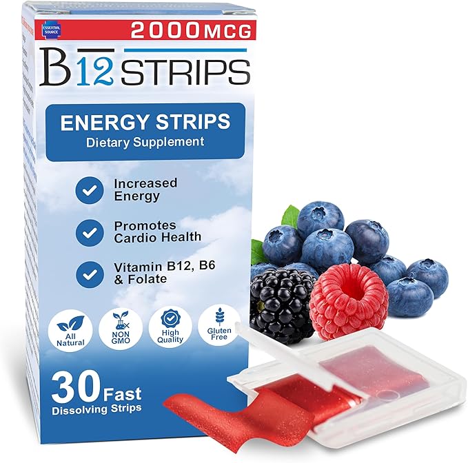 Essential Source 2,000 mcg Methylcobalamin Vitamin B12 Sublingual Energy Strips | Biotin, B6, 5-MTHF L-Methylfolate | Sublingual B12 Vitamins, Folate | Energy, Nerve Function - 30 Strips