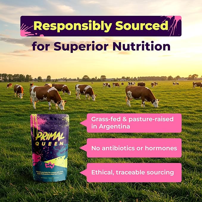 Primal Queen Female-Optimized Beef Organ Superfood Supplement (Beef Liver, Kidney, Heart, & 3 More) - 100% Grass Fed, Pasture Raised Cattle - Balance Hormones, Energy, & More for Women (Pack of 3)