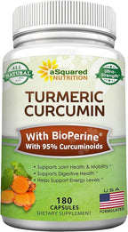 aSquared Nutrition Turmeric Curcumin 1600mg with BioPerine Black Pepper Extract - 180 Capsules with 95% Curcuminoids, 100% Natural Tumeric Root Powder Supplements, Natural Joint Stiffness Relief Pills