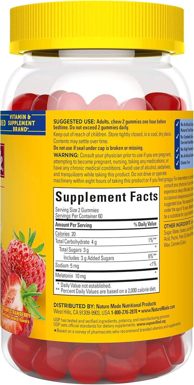 Nature Made Melatonin 10 mg per serving Gummies, Sleep Gummies for Adults Maximum Strength Dosage, 100% Drug Free Sleep Aid, 120 Count, 60 Day Supply
