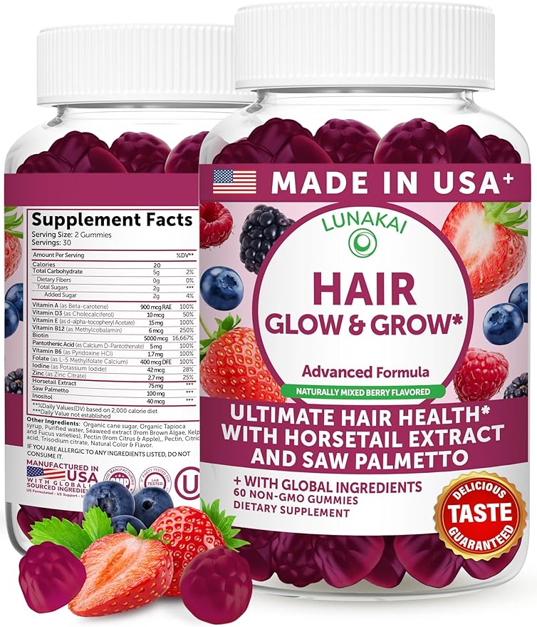 Lunakai USA Made Super Hair Gummies with Biotin, Zinc, Horsetail Extract & Saw Palmetto - Hair Growth Vitamins for Women & Men – Supports Thicker, Longer, Stronger Tresses, Skin & Nails, 60ct