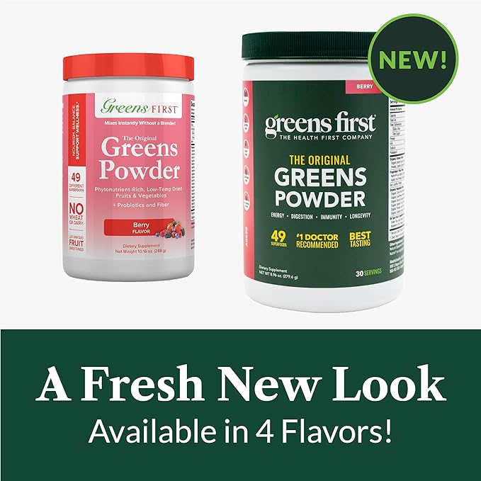 Greens First Original Greens Powder - 49 Superfoods - Organic Fruits & Veggies - Prebiotics, Probiotics & Digestive Enzymes - Antioxidant Smoothie - Dairy Free, Vegan & Non-GMO - Berry - 30 Servings