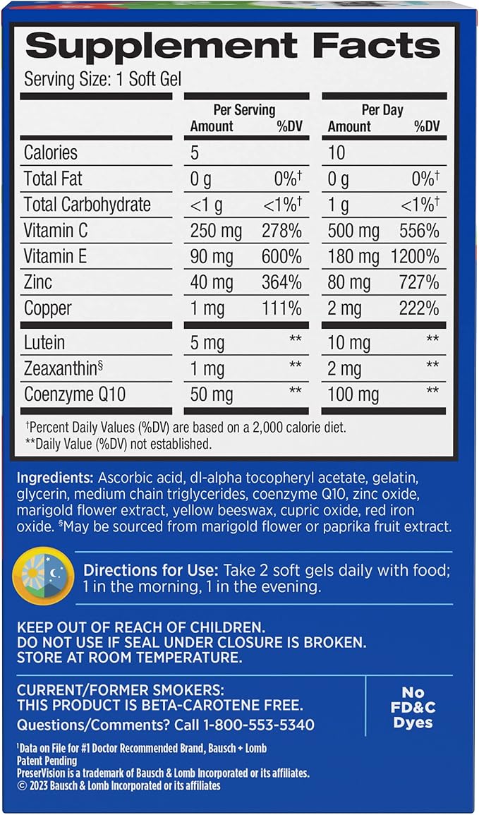 PreserVision AREDS 2 Eye Vitamins with CoQ10 for Heart Health,#1 Eye Doctor Recommended Brand,Lutein and Zeaxanthin Supplement with Vitamin C & E,Zinc,and Copper,100 Softgels,(Pack of 2)