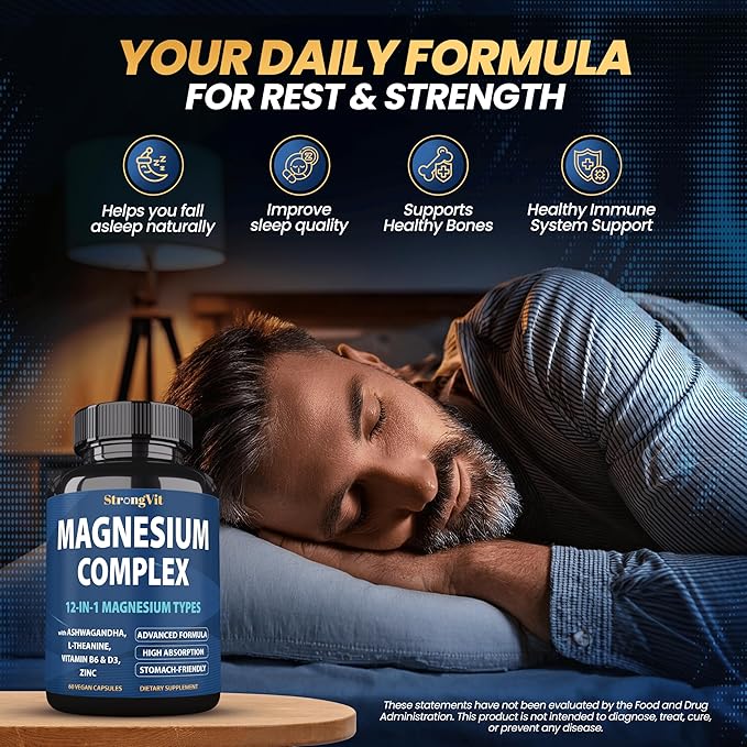 1000mg Magnesium Complex for Women and Men, 12 in 1 Magnesium Supplement with Ashwagandha, Zinc, D3, L-theanine. Easy to Swallow, High Absorption, Sleep Support & Stress Relief (60 Capsules)
