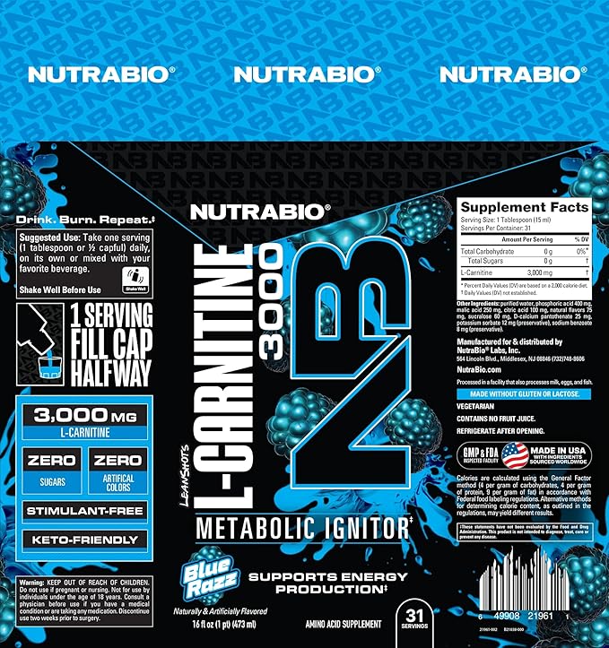 NutraBio – L-Carnitine Liquid Shots – 3000mg, (Blue Razz) – 10mg of Vitamin B-5 – Zero Carbs & Sugars – Energy Production – Muscle Recovery