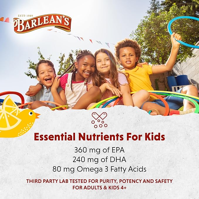 Barlean's Omega Pals Chirpin' Slurpin' Lemonade Flavored Omega-3 for Kids, Yummy Children's Liquid Fish Oil Supplement with 540 mg of EPA and DHA Fatty Acid for Brain & Eye Health, 8 oz