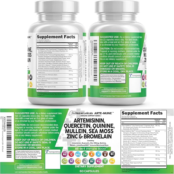 Clean Nutraceuticals Artemisinin Quercetin Zinc Mullein Quinine Supplement with Sea Moss Bromelain Ashwagandha Root Nettle Leaf Bladderwrack Burdock Root Monolaurin Colostrum Rutin