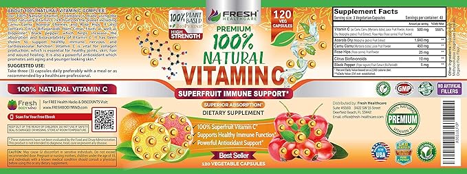 Fresh Healthcare Whole Food Vitamin C 500mg - Natural Supplement from Rose Hips, Acerola Cherry & Camu Camu - with Citrus Bioflavonoids for Immune Support - 120 Vegan Capsules